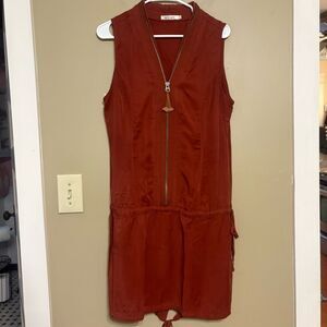 Mür Mür Sleeveless Tencel Zip Up Dress Drawstring Waist Bow Burnt Orange Large